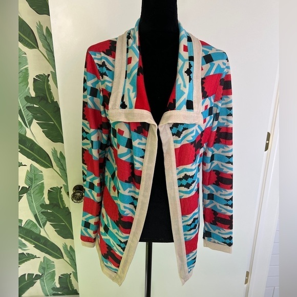 Boutique Aztec Tribal Print Open Front Lightweight Cardigan Sweater L Blue Red - Picture 1 of 5